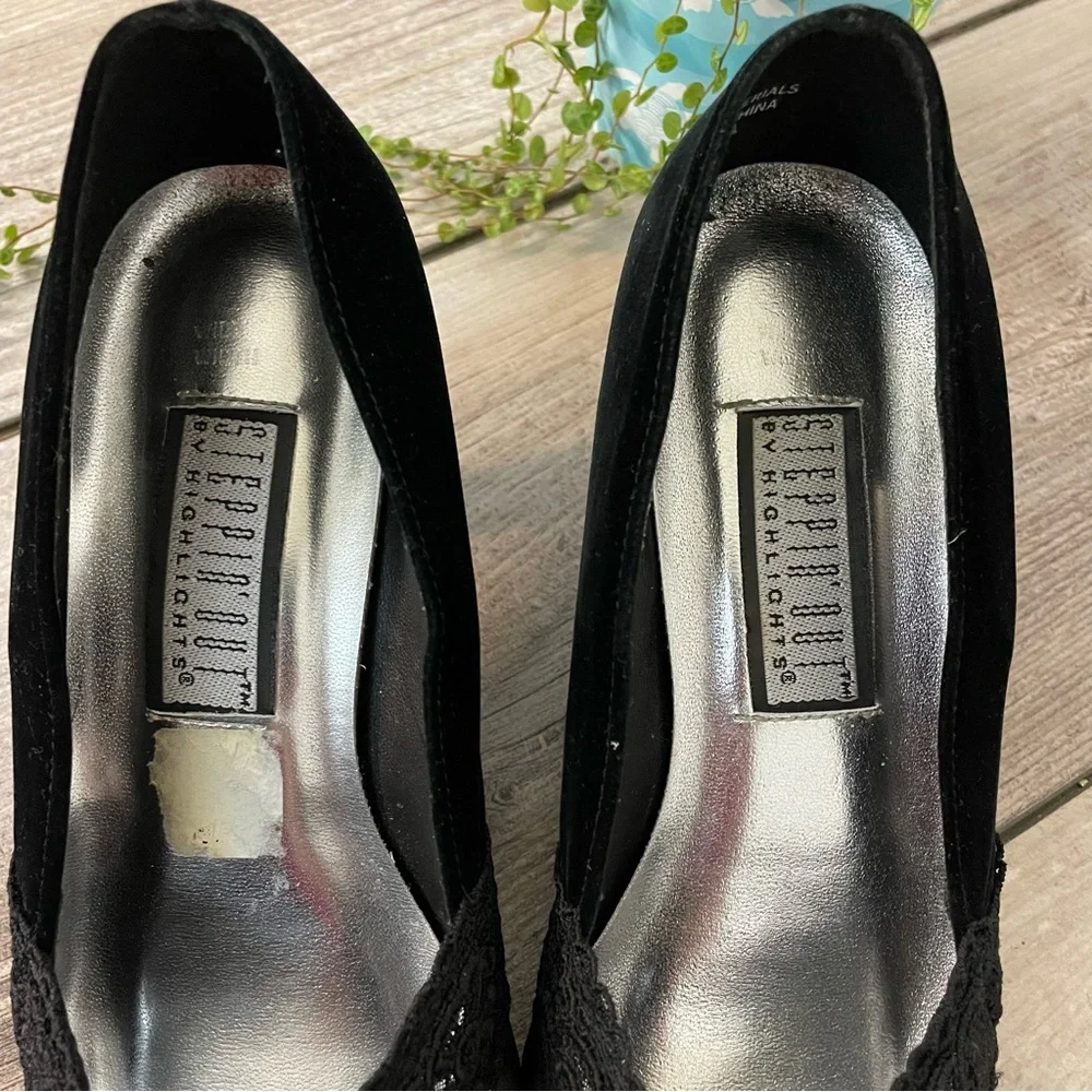 Vintage Black Velvet Kitten Heels Women’s 9 Lace Rhinestone Almond‎ Toe